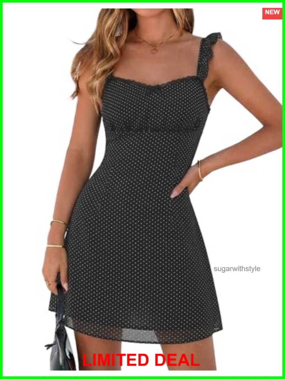 Women's Polka Dot Mini Tank Dress Lace Ruffled Straps Sweetheart Neckline